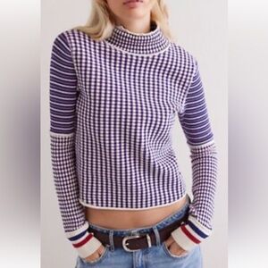 Bohemian Style Sweater w Checkerboard Pattern & Mock Turtleneck Size M